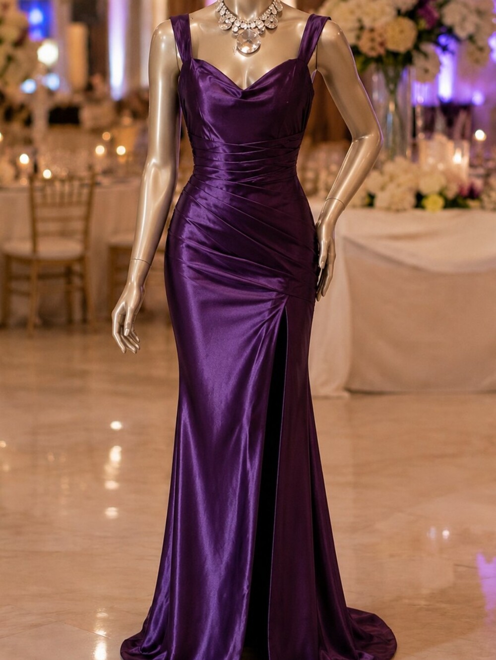 Purple Satin Evening Gown with Front Slit